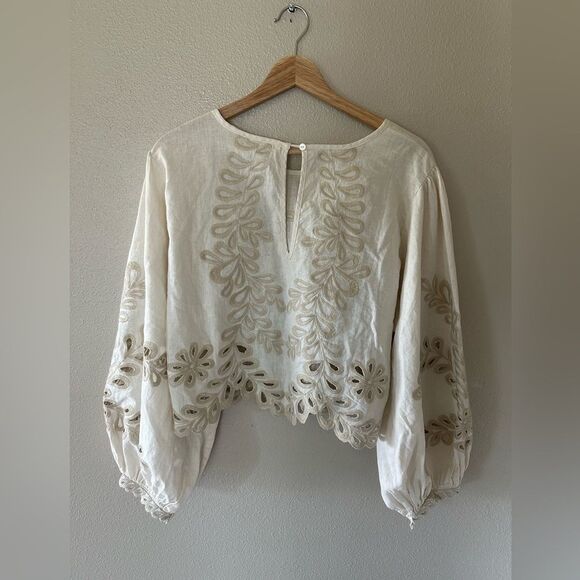 Oli and Hali Eyelet Embroidered Boxy Balloon Sleeve Linen Blend Top Size L - Picture 10 of 10